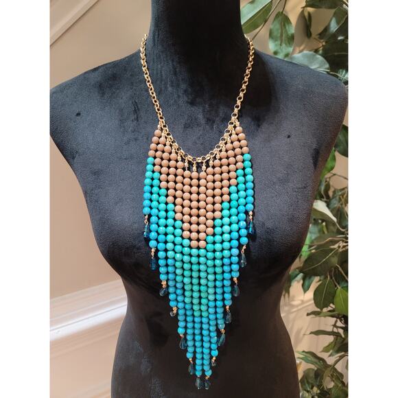 Womens Statement Beaded Necklace Brown Turquoise Layered Bib Design Lobster Lock - Picture 2 of 7